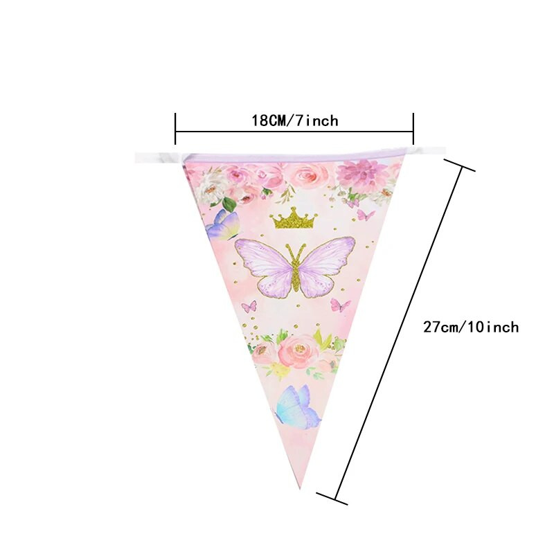 1Styginių drugelio gėlė Purpurinė rožinė trikampė vėliavėlė Ištraukiama vėliavėlė mergaitės drugelio gimtadienio dekoravimui popietės arbatos vakarėlio reklamjuostė