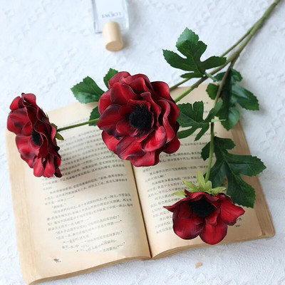 Új 3 Heads Anemone hamis Virágok selyem virágok műtárgyak buli Esküvői dekoráció Karácsonyi lakberendezési koszorú