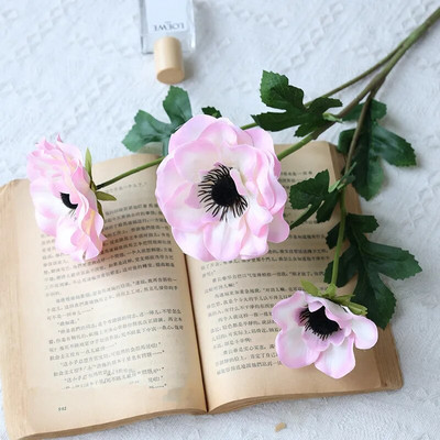 Új 3 Heads Anemone hamis Virágok selyem virágok műtárgyak buli Esküvői dekoráció Karácsonyi lakberendezési koszorú