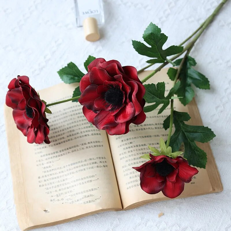 Új 3 Heads Anemone hamis Virágok selyem virágok műtárgyak buli Esküvői dekoráció Karácsonyi lakberendezési koszorú