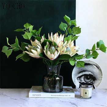 YO CHO Изкуствено цвете Silk King Protea Направи си сам цветна аранжировка Фалшиви императорски цветя Бяло домашно парти Декорация на сватбена маса