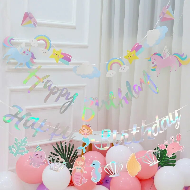 Akinančios spalvingos raidės Vienaragis traukiamas vėliavėlė Mielas Pegasas Debesys Popierius Su gimtadieniu Reklaminė vėliavėlė Jūros gyvūnas Undinėlė traukiama vėliavėlė