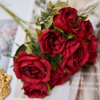 Vintage 8 κεφάλια τεχνητό λουλούδι Μεταξωτή παιωνία Χρυσό τριαντάφυλλο Στολίδι Ψεύτικο λουλούδι Τραπέζι γάμου Μπουκέτο DIY Διακόσμηση σπιτιού