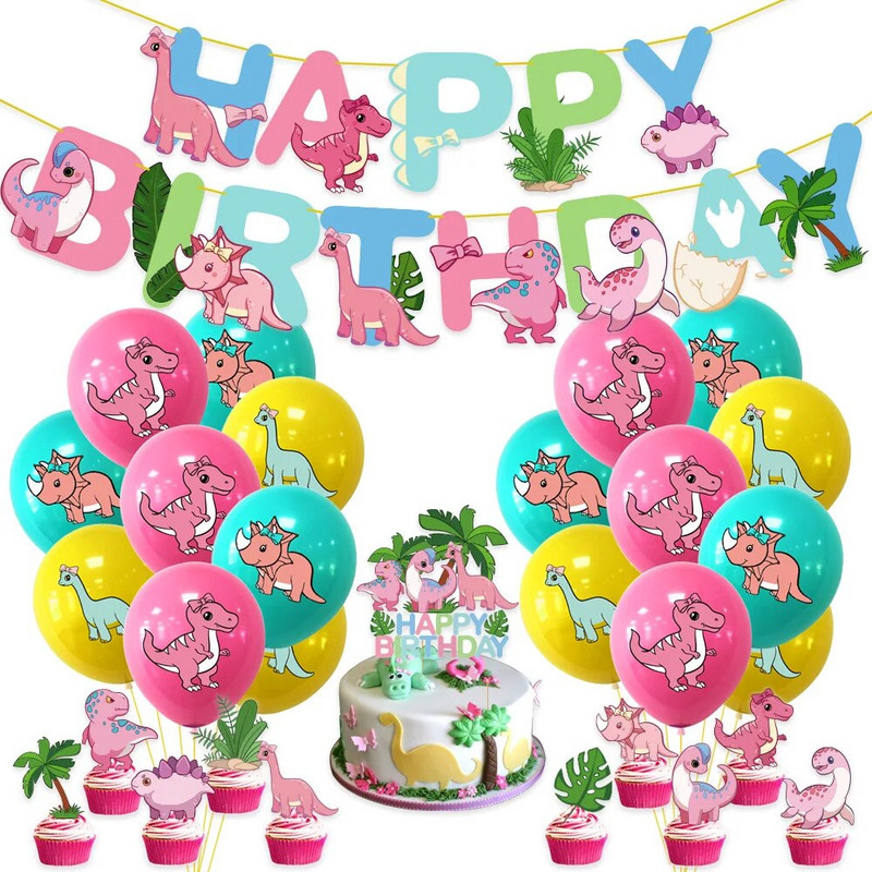 Roosa dinosauruse paberist bänner tüdrukutele, palju õnne sünnipäevaks, lipp tõmbamine, multikas, peokaunistus