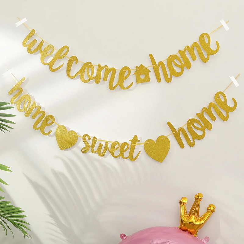 1db WELCOME HOME családi party party dekoráció zászló transzparens házavató csillogó virágok.