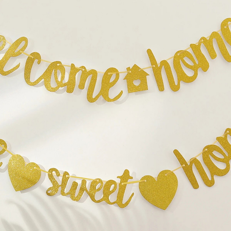 1db WELCOME HOME családi party party dekoráció zászló transzparens házavató csillogó virágok.