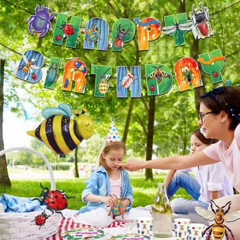 Пролетно насекомо Водно конче Карикатура Животни Честит рожден ден Банер Висящи на стената овесарки Baby Shower Детска украса за рожден ден