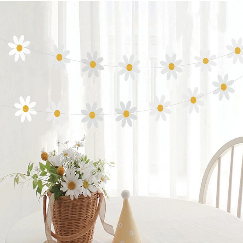 2,5 m Daisy Groovy Boho Party Banner Százszorszép Lógó Örvény Hippi Party Kellékek Díszek Százszorszép papír Kivágások Születésnapi dekorációhoz