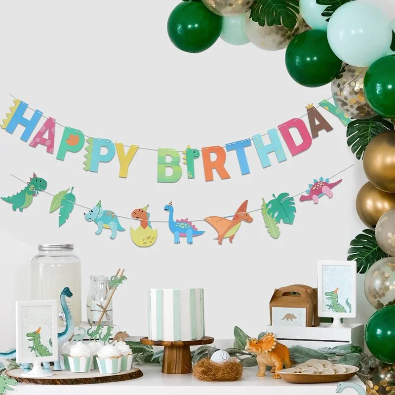 Dinoszaurusz Boldog születésnapot Garland Banner Roar Dino Party Balloons Jungle Animal Safari 1. Kids Születésnapi parti dekorációs kellékek