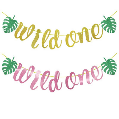 1 комплект Leaves Wild One Banner Kids 1st Birthday Party Decor Baby Shower Boy Girl 1 Year Bunting Garland Тема за джунглата Party Supplie