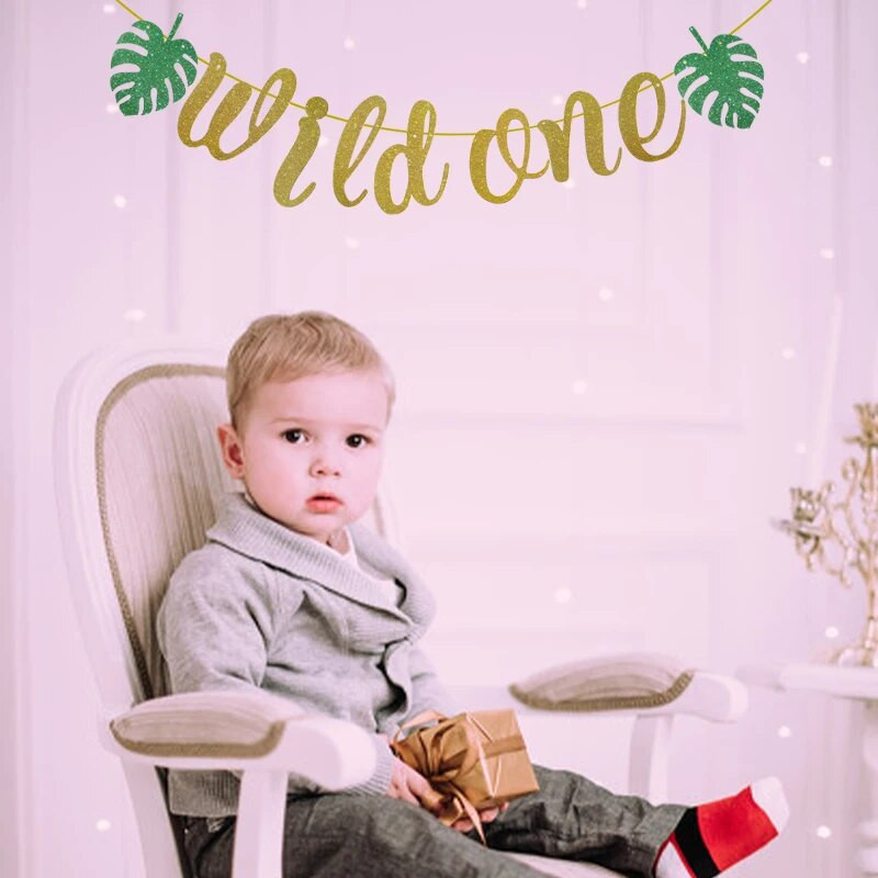 1 szett levelek vad, egy transzparens gyerekeknek 1. születésnapi parti dekoráció baba zuhany fiú lány 1 éves sármány füzér dzsungel témájú parti kellék