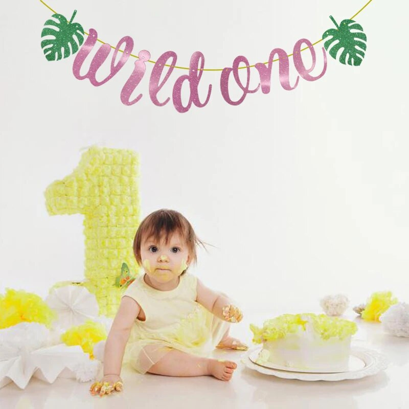 1 szett levelek vad, egy transzparens gyerekeknek 1. születésnapi parti dekoráció baba zuhany fiú lány 1 éves sármány füzér dzsungel témájú parti kellék