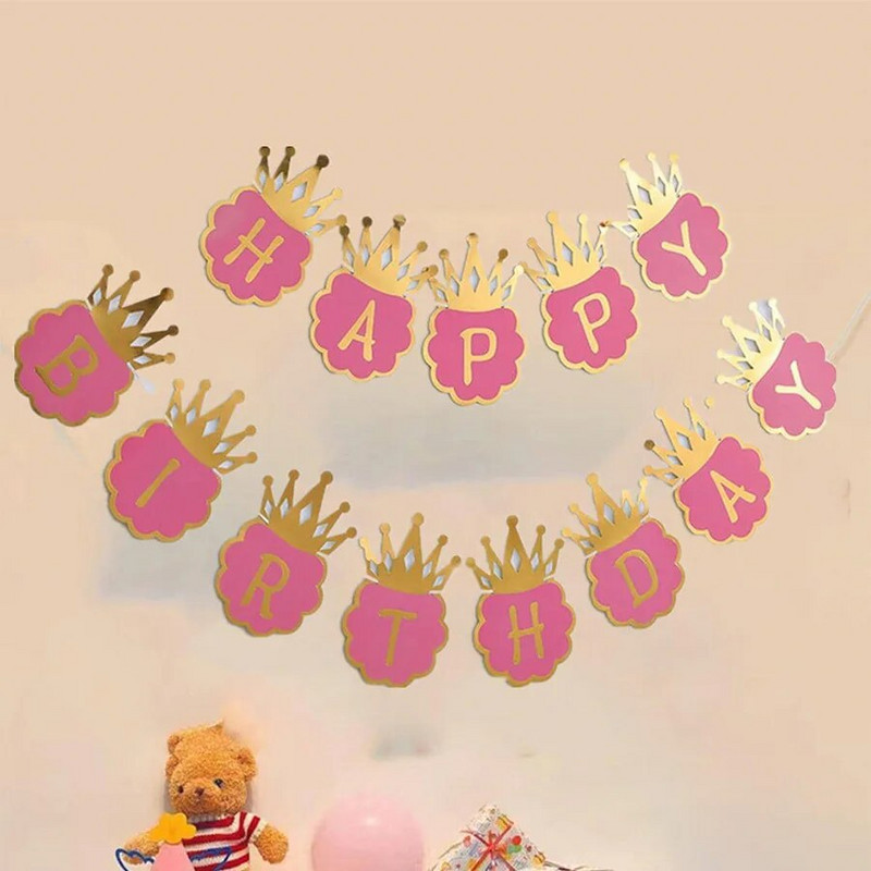 Bronzáló korona Születésnapi Banner Kék Rózsaszín Boldog Születésnapot Banner Herceg és Hercegnő party dekoráció Első születésnapi parti dekoráció