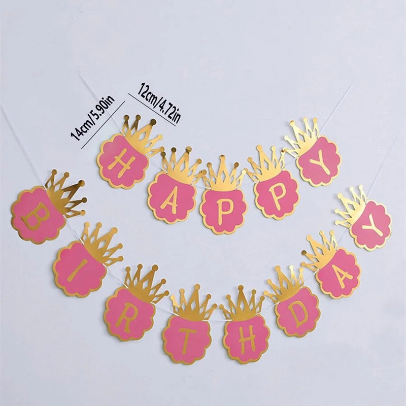 Bronzáló korona Születésnapi Banner Kék Rózsaszín Boldog Születésnapot Banner Herceg és Hercegnő party dekoráció Első születésnapi parti dekoráció