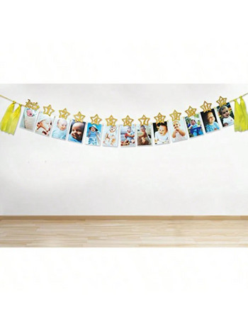 Първата година на бебето Пробег Фото Клип Пентакъл блясък Банер за рожден ден на 1-годишно дете Декорация за рожден ден