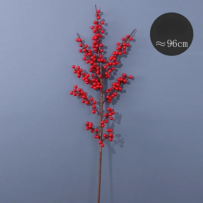 Mesterséges gyümölcs: magyalgyümölcs, hosszú szár, nagy ág, piros gyümölcs, karácsonyi bogyó, lakberendezési virág, mesterséges növény