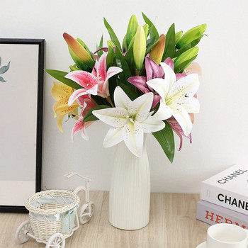 Τρισδιάστατη εκτύπωση με πραγματική εμφάνιση Τεχνητά λουλούδια Lily Branch Λευκά ψεύτικα λουλούδια Flores για διακόσμηση γαμήλιου κήπου