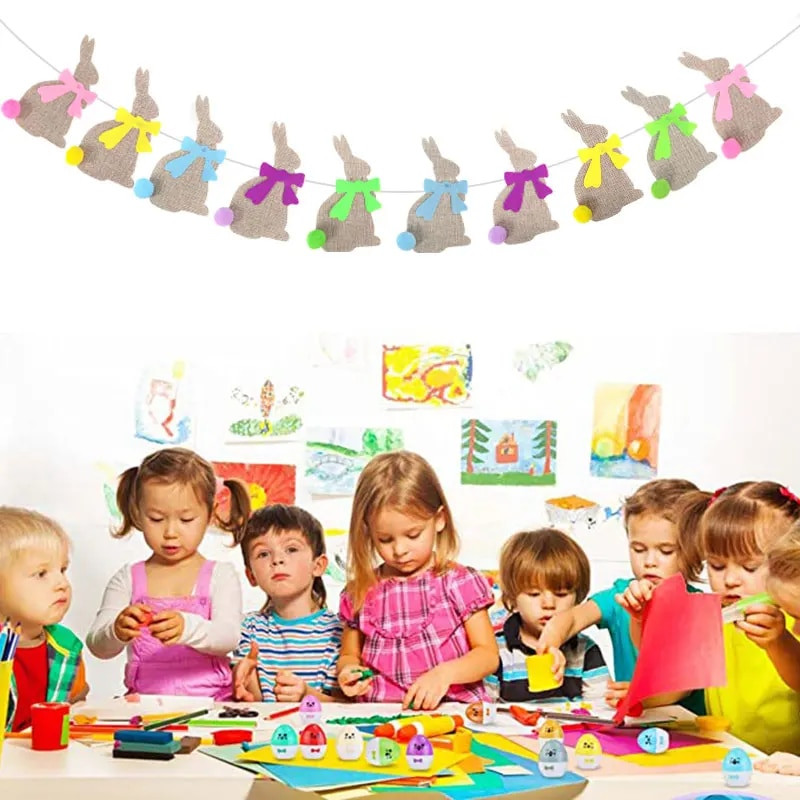 Vászon nyuszi zászló Boldog húsvéti parti zászló tavaszi húsvéti dekoráció 2024 Otthoni buli Függő zászló Garland Bannerek sármány