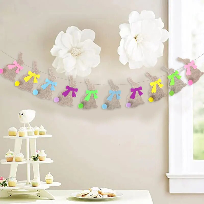 Vászon nyuszi zászló Boldog húsvéti parti zászló tavaszi húsvéti dekoráció 2024 Otthoni buli Függő zászló Garland Bannerek sármány