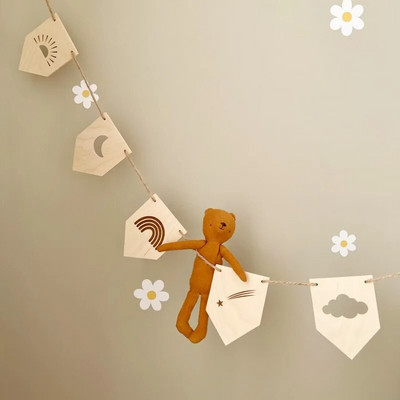 Nordic Παιδικό Δωμάτιο Ξύλινη Διακόσμηση Παιδικού Δωματίου Κρεμαστά στον τοίχο Διακόσμηση για πανό από μασίφ ξύλο Pull Flower Party Decor