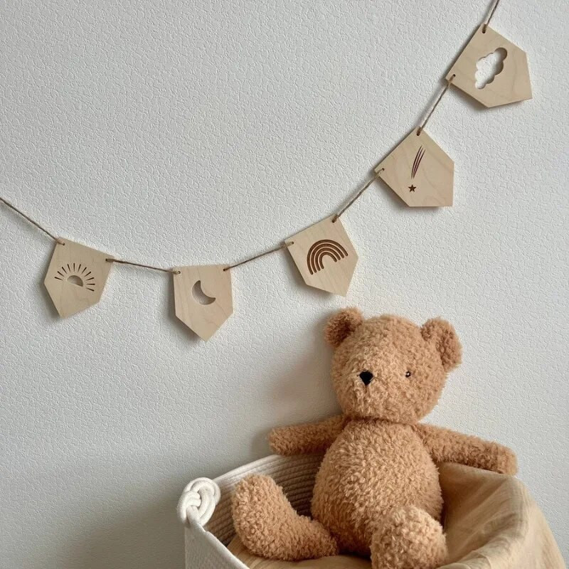 Skandináv gyerekszoba fa húzható zászló dekoráció gyerekszoba falra akasztó dekoráció tömör fa transzparens virágos parti dekoráció