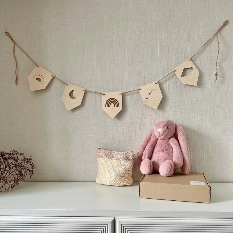 Skandináv gyerekszoba fa húzható zászló dekoráció gyerekszoba falra akasztó dekoráció tömör fa transzparens virágos parti dekoráció