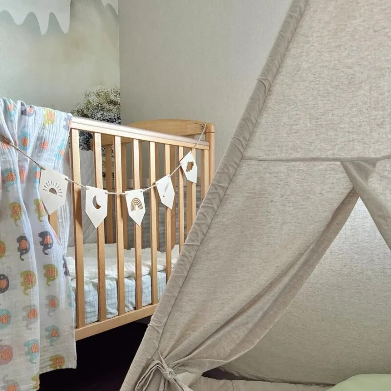 Skandináv gyerekszoba fa húzható zászló dekoráció gyerekszoba falra akasztó dekoráció tömör fa transzparens virágos parti dekoráció