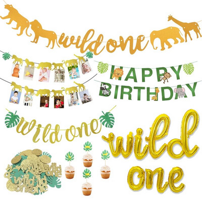 Διακόσμηση για πάρτι ζούγκλας με ζώα Παιδικό πάρτι γενεθλίων Bunting Wild One Balloon Confetti Garland Anniversary Bay Shower Supplies