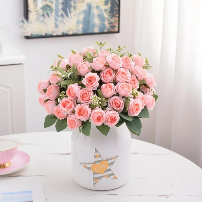 Selyem vörös rózsa csokor Művirágok Esküvői Kiegészítők Bazsarózsa Hamis virágok Barkácsolás esküvőre Asztali váza Otthoni dekoráció