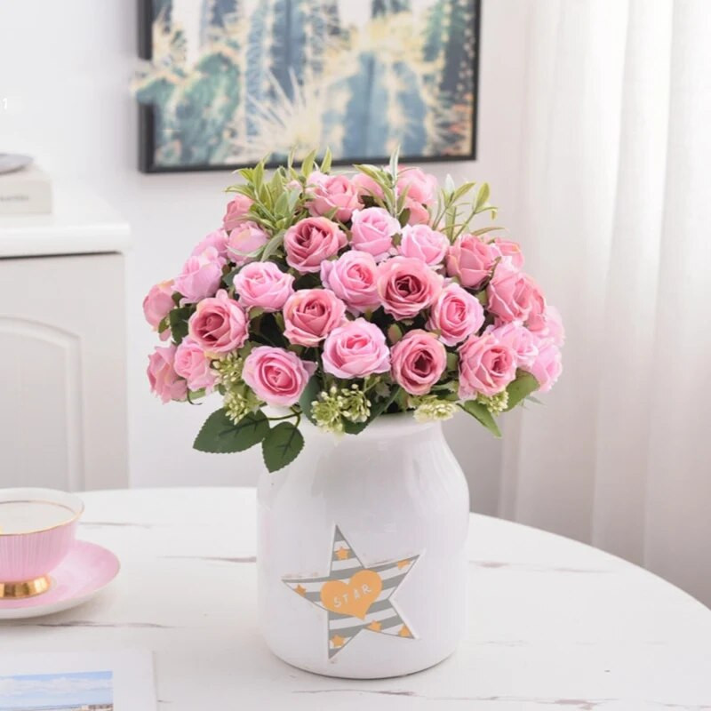 Selyem vörös rózsa csokor Művirágok Esküvői Kiegészítők Bazsarózsa Hamis virágok Barkácsolás esküvőre Asztali váza Otthoni dekoráció