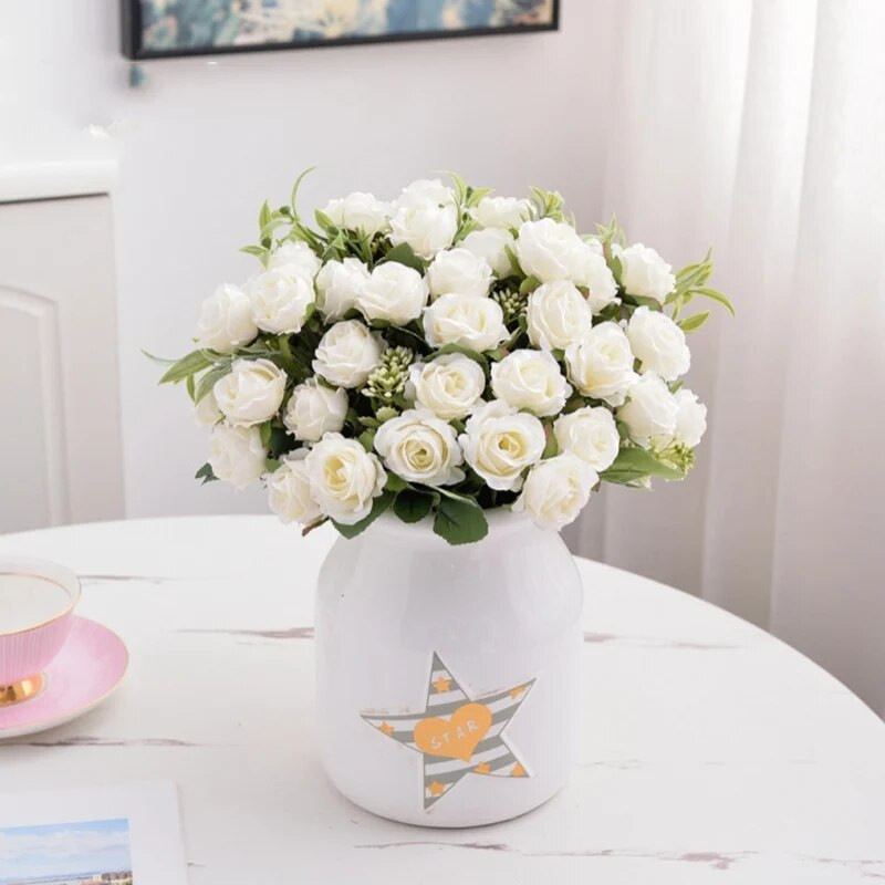 Selyem vörös rózsa csokor Művirágok Esküvői Kiegészítők Bazsarózsa Hamis virágok Barkácsolás esküvőre Asztali váza Otthoni dekoráció