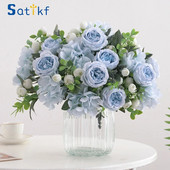 Kék selyem csokrok mesterséges erdei hortenzia bazsarózsa bimbó esküvői menyasszonyi kézi csokor Otthoni kert asztali virágkötészeti dekoráció