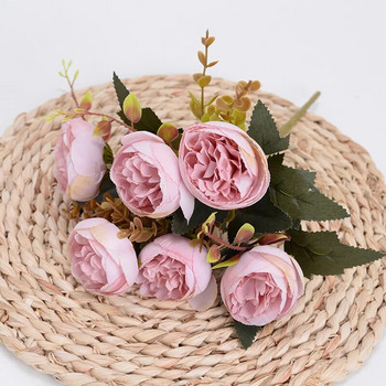 Μπουκέτο τεχνητό λουλούδι 28 εκ. τριαντάφυλλο ροζ μεταξωτό παιωνία 6 μεγάλο κεφάλι φθηνά ψεύτικα λουλούδια για οικογενειακή διακόσμηση γάμου εσωτερικού χώρου