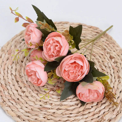 Buchet de flori artificiale bujor de mătase roz trandafir de 28 cm 6 flori false ieftine cu cap mare pentru decorarea nunții de familie de interior