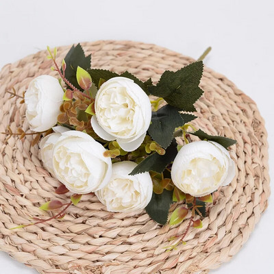 Buchet de flori artificiale bujor de mătase roz trandafir de 28 cm 6 flori false ieftine cu cap mare pentru decorarea nunții de familie de interior