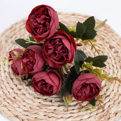 Buchet de flori artificiale bujor de mătase roz trandafir de 28 cm 6 flori false ieftine cu cap mare pentru decorarea nunții de familie de interior