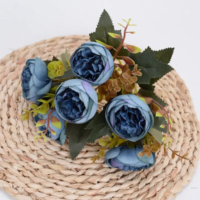 Buchet de flori artificiale bujor de mătase roz trandafir de 28 cm 6 flori false ieftine cu cap mare pentru decorarea nunții de familie de interior