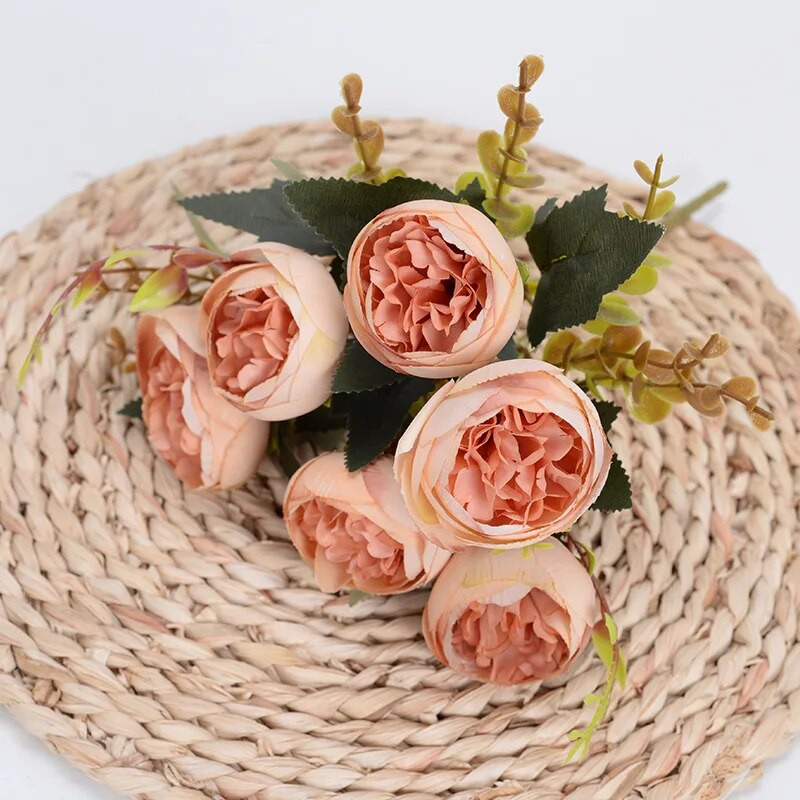 Buchet de flori artificiale bujor de mătase roz trandafir de 28 cm 6 flori false ieftine cu cap mare pentru decorarea nunții de familie de interior