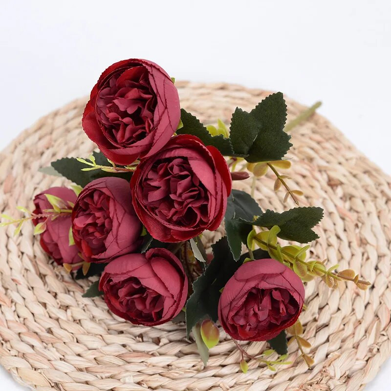 Buchet de flori artificiale bujor de mătase roz trandafir de 28 cm 6 flori false ieftine cu cap mare pentru decorarea nunții de familie de interior