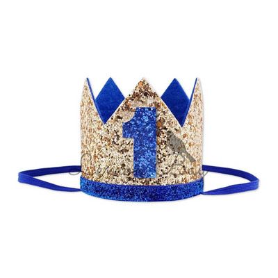 Mėlynas auksinis kūdikiui skirtas 1-asis gimtadienis Blizgančios kepuraitės berniukui vienerių metų kepurė Pirmoji laimingo gimtadienio vakarėlio dekoracija Vaikų berniuko mergaitės karūna