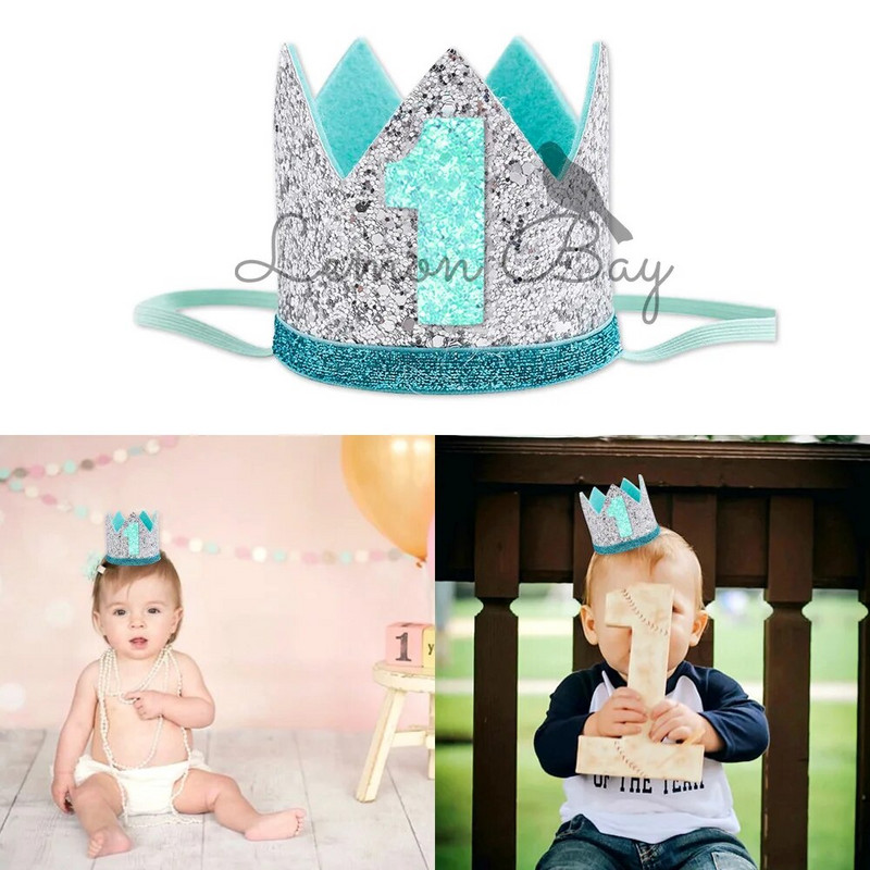 Mėlynas auksinis kūdikiui skirtas 1-asis gimtadienis Blizgančios kepuraitės berniukui vienerių metų kepurė Pirmoji laimingo gimtadienio vakarėlio dekoracija Vaikų berniuko mergaitės karūna