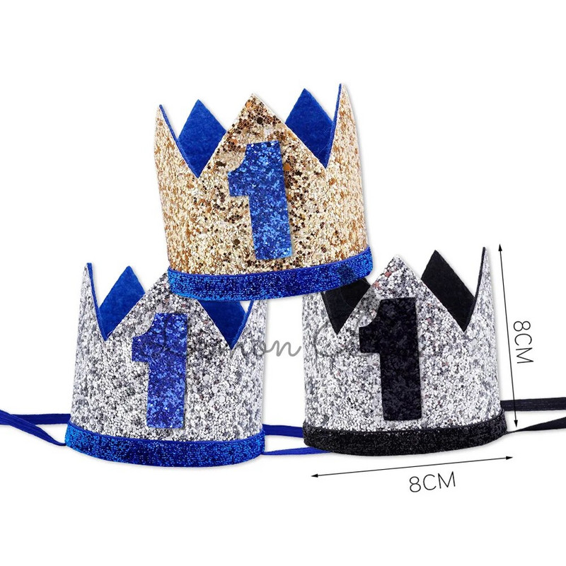 Mėlynas auksinis kūdikiui skirtas 1-asis gimtadienis Blizgančios kepuraitės berniukui vienerių metų kepurė Pirmoji laimingo gimtadienio vakarėlio dekoracija Vaikų berniuko mergaitės karūna