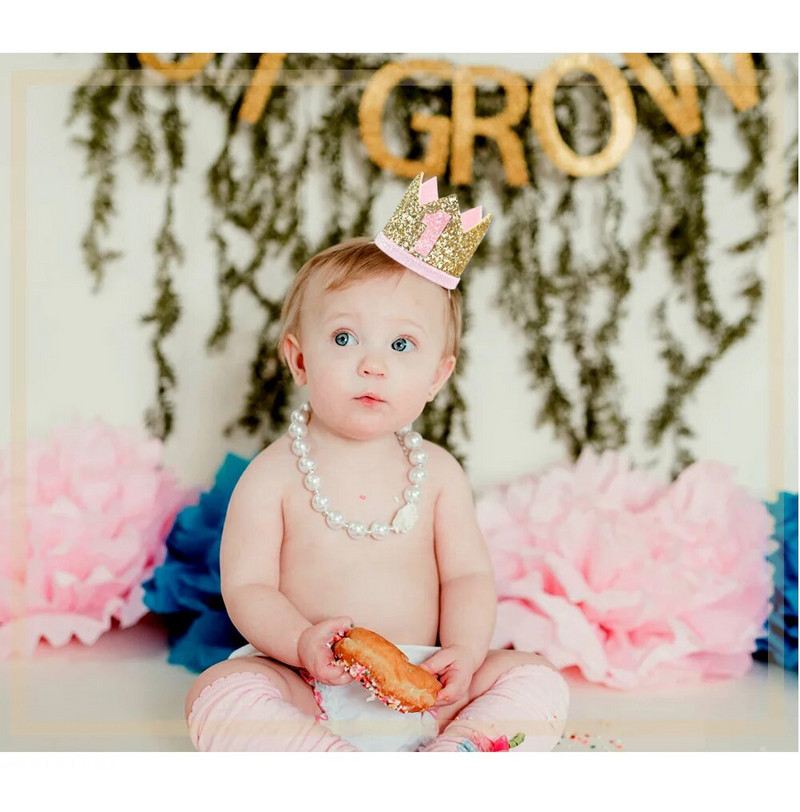 Mėlynas auksinis kūdikiui skirtas 1-asis gimtadienis Blizgančios kepuraitės berniukui vienerių metų kepurė Pirmoji laimingo gimtadienio vakarėlio dekoracija Vaikų berniuko mergaitės karūna