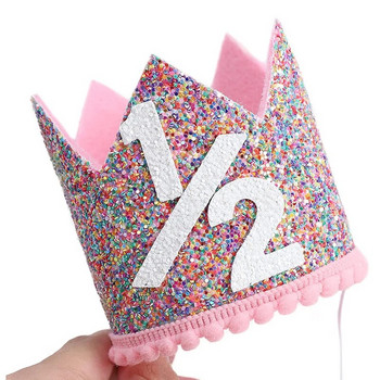 Baby Pink 1st Birthday Crown Half Two Party Sequins Καπέλο Headband 3rd 4th 5th 6th Number Crown Caps for Children Διακόσμηση γενεθλίων
