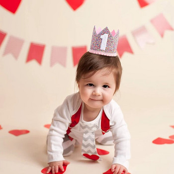 Бебешко розово Корона за 1-ви рожден ден Половина две парти шапки с пайети Лента за глава 3-та 4-та 5-та 6-та Корона с номера Капачки за детски рожден ден Декорация