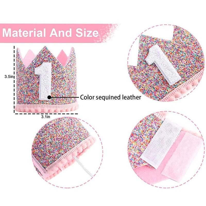 Dječja ružičasta kruna za 1. rođendan, polovica šešira sa šljokicama, traka za glavu, 3. 4. 5. 6. kruna s brojevima, kapice s brojevima za dječji rođendanski ukras