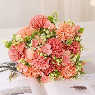 Pink artificial flowers Hydrangea bridal bouquet in vase on wedding table decoration autumn silk flower fake plant