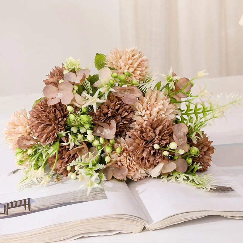 Rózsaszín művirág Hortenzia menyasszonyi csokor vázában esküvői asztaldísz őszi selyemvirág hamis növény