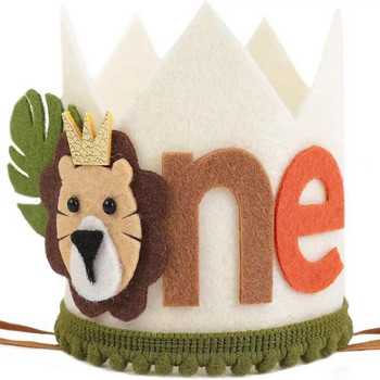 One Year Felt Crown Hats Birthday Party Cartoon Animal Jungle Party Hat Kids ONE Lion Baby Shower Happy 1st Birthday Party Decor