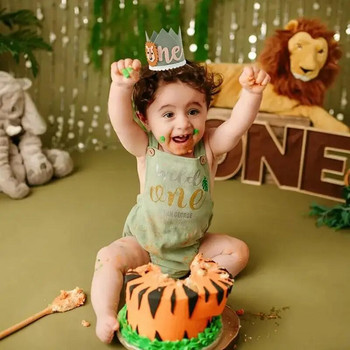 Едногодишна филцова корона Шапки Парти за рожден ден Карикатура Животни Шапка за парти в джунглата Деца ONE Lion Baby Shower Честит 1-ви рожден ден Парти Декор